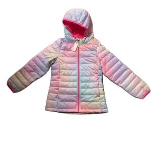 NWT Amazon Essentials Pastel Gradient Hooded Puffer Jacket Sz. 8 w/ Gloves & Sac